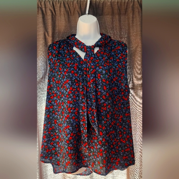 Loft Women's Floral Smocked Tie Neck Shell Top - Picture 2 of 3